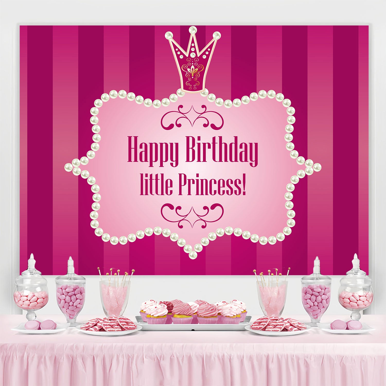 Personalized Birthday Photo Backdrop Pink Pearl Crown Backdrop BRP3-46