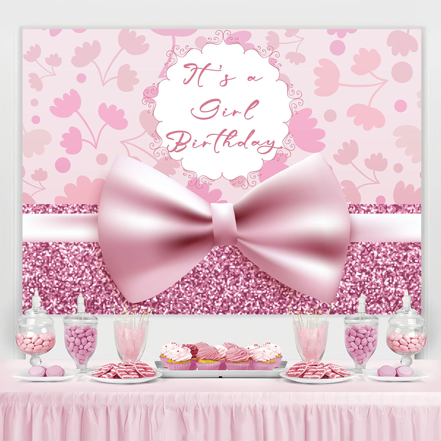 Personalized Birthday Photo Backdrop Romantic Pink Bow Backdrop BRP3-56