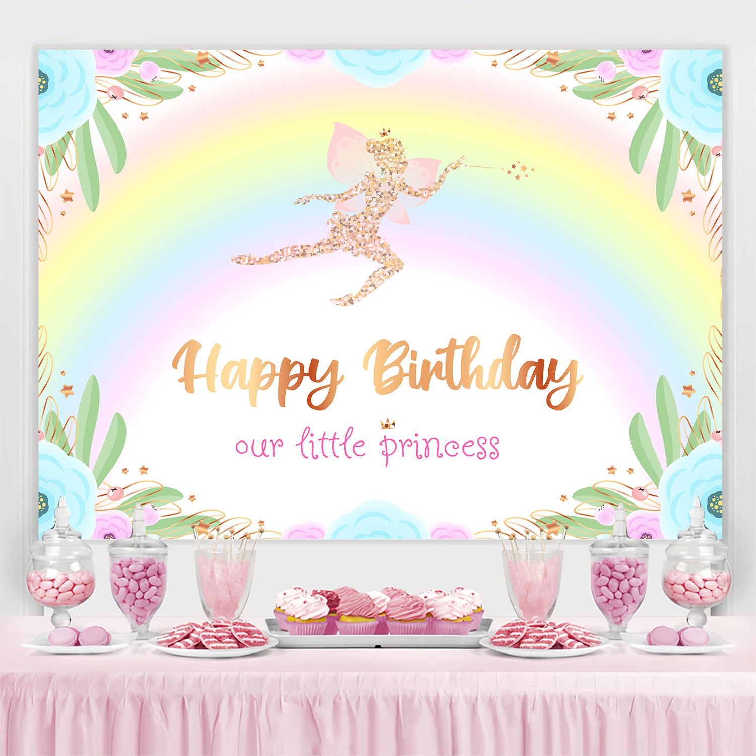 Customize Birthday Backdrop Golden Wings Pixie Dream Backdrop BRP3-57