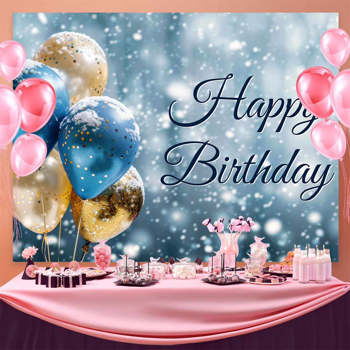 Custom Birthday Backdrops Winter Wonderland Balloons Backdrop BRP3-68