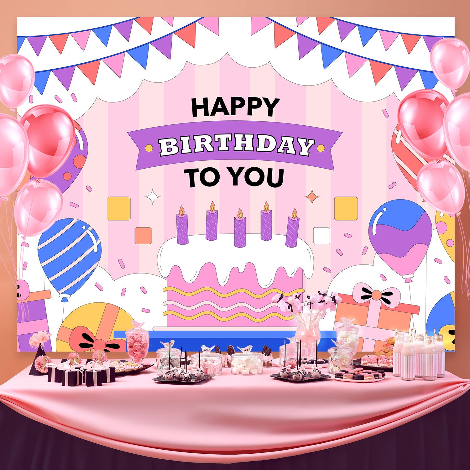 Customized Backdrop For Birthday Colorful Balloons Cake Backdrop BRP3-75