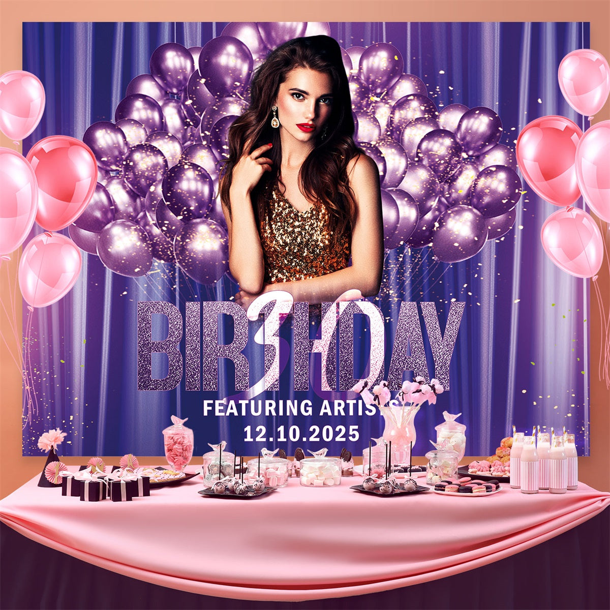 Custom Happy Birthday Backdrop Luxury Purple Balloon Backdrop BRP3-78