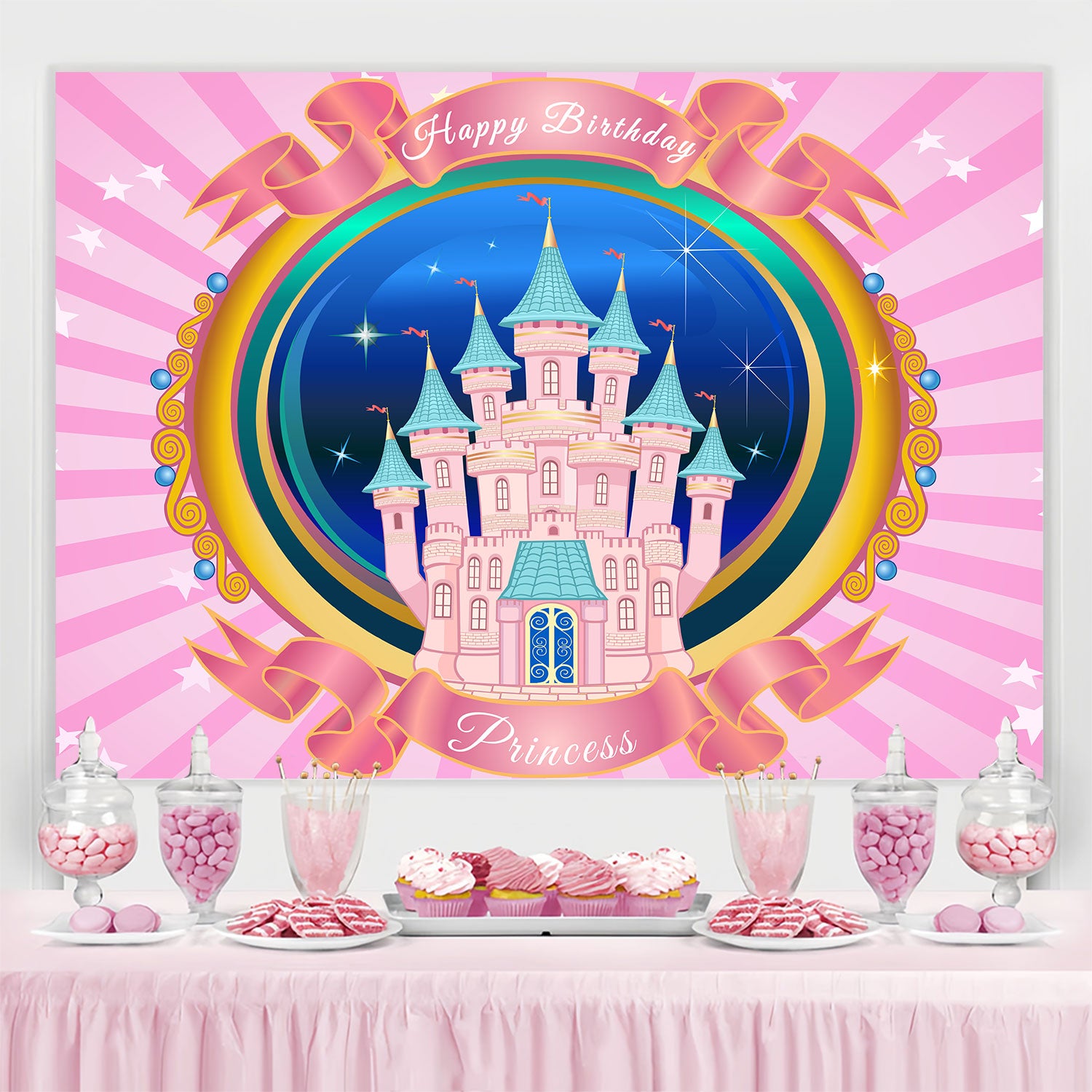Birthday Backdrop Personalized Magical Pink Castle Backdrop BRP3-82