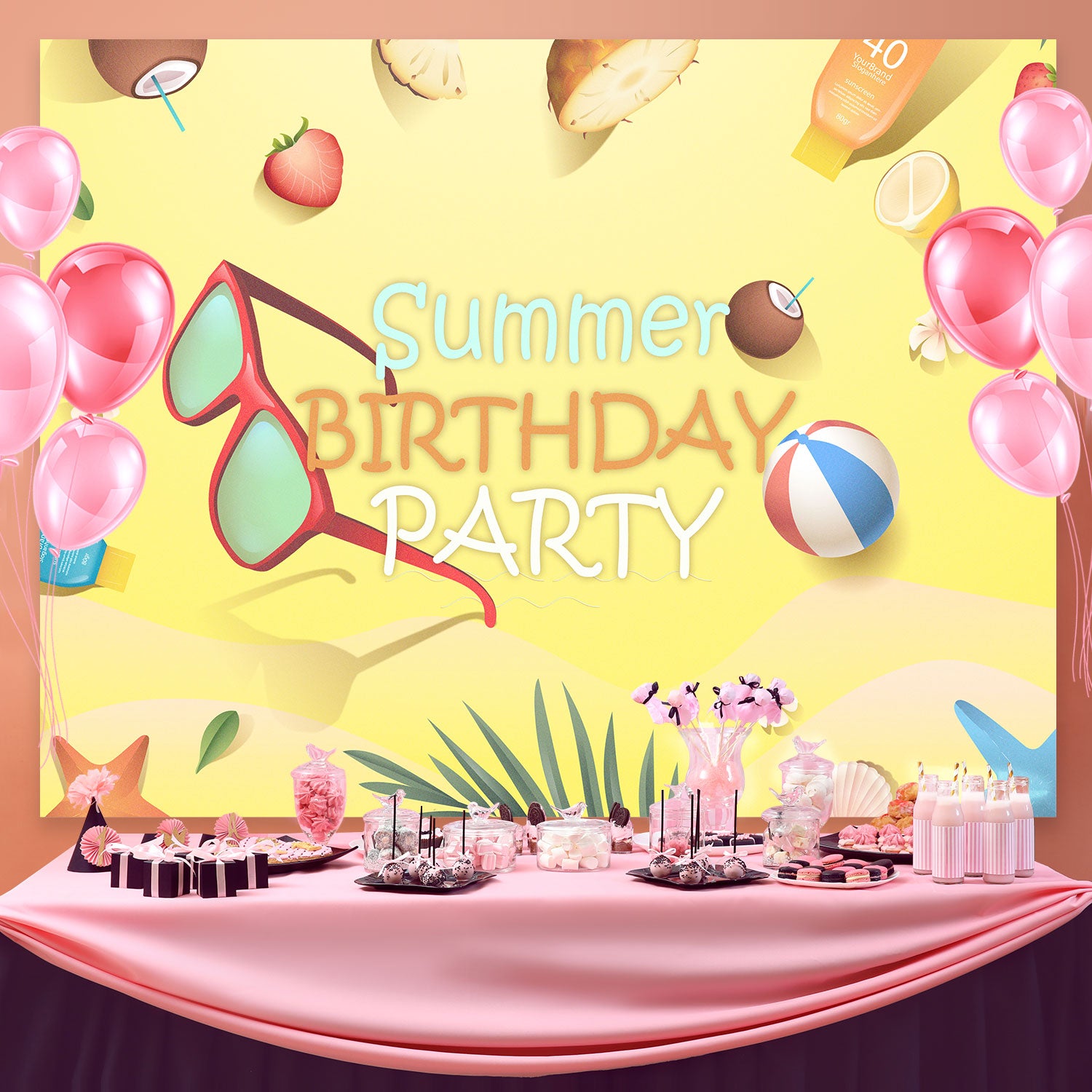 Customize Backdrop For Birthday Summer Tropical Beach Backdrop BRP3-94