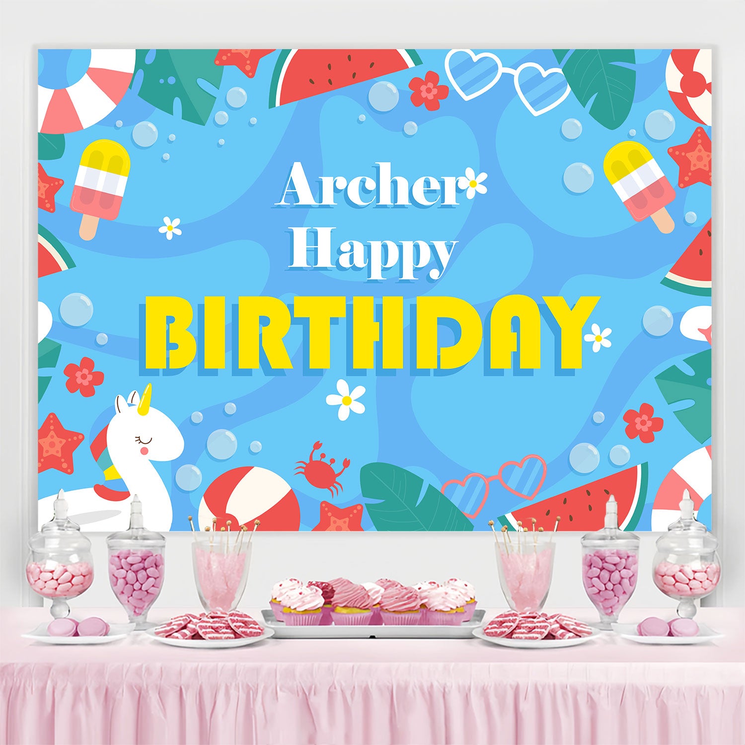 Personalized Backdrop For Birthday Tropical Pool Party Backdrop BRP3-95