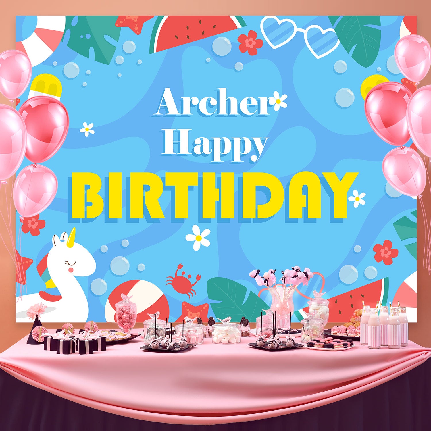 Personalized Backdrop For Birthday Tropical Pool Party Backdrop BRP3-95