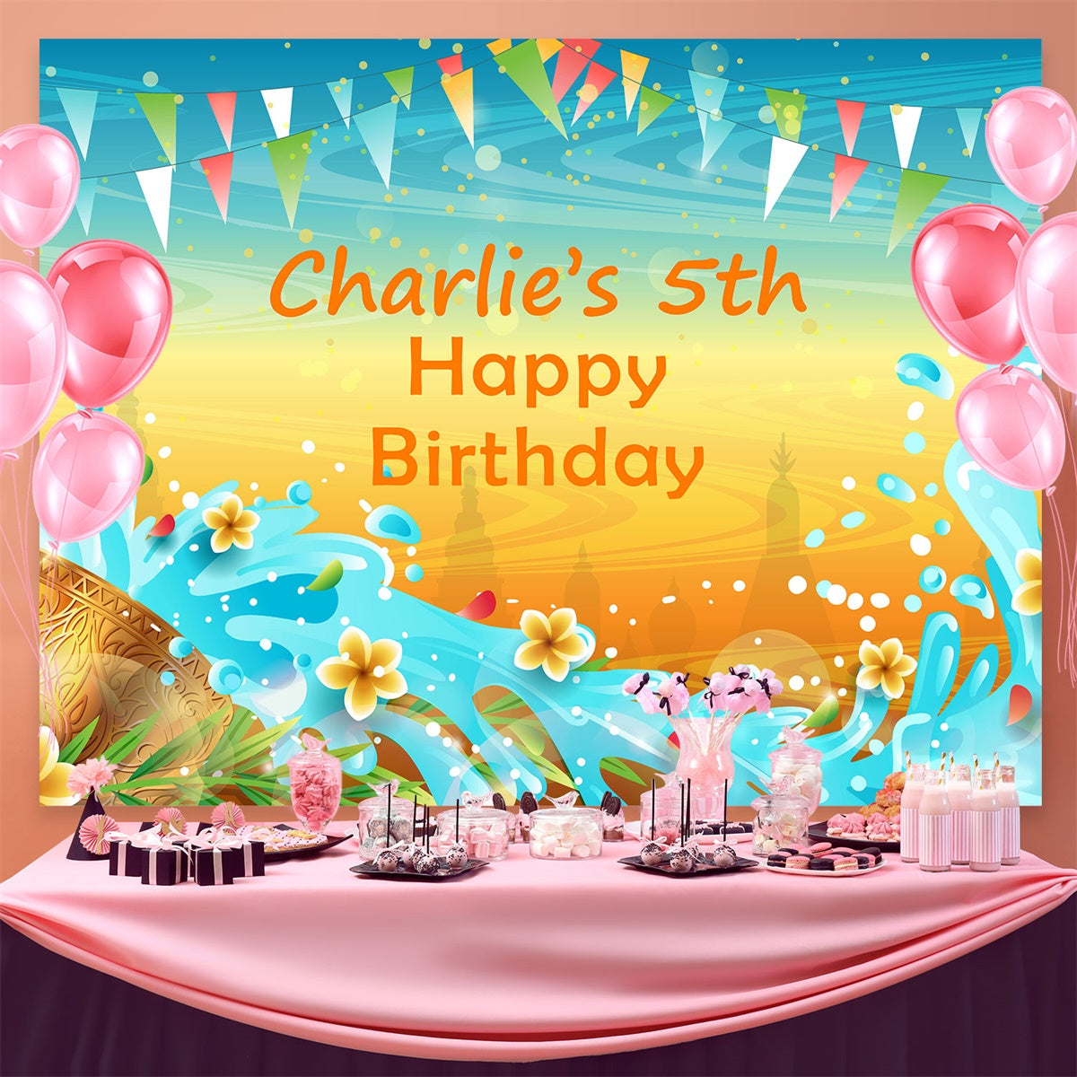 Customize Birthday Backdrop Sunny Beach Water Play Backdrop BRP3-97
