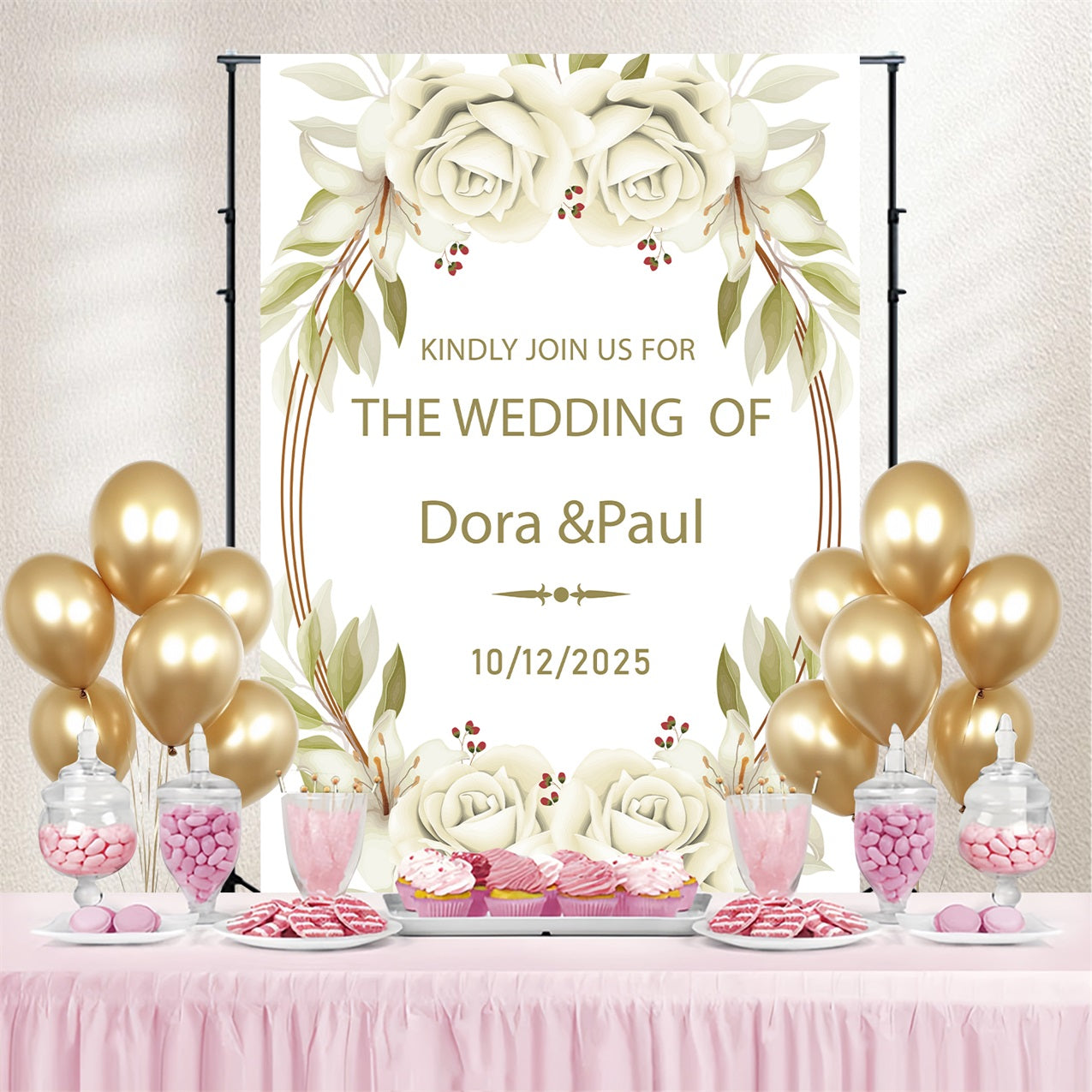 Photo Backdrop Wedding Ivory Roses Ceremony Personalised Backdrop BRP4-119