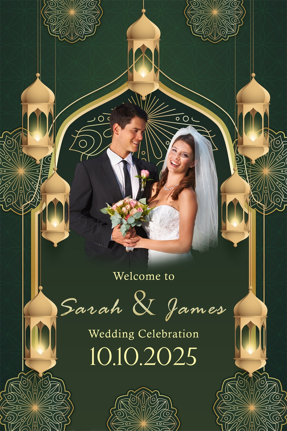 Elegant Wedding Backdrop Mosque Gold Lantern Personalised Backdrop BRP4-125