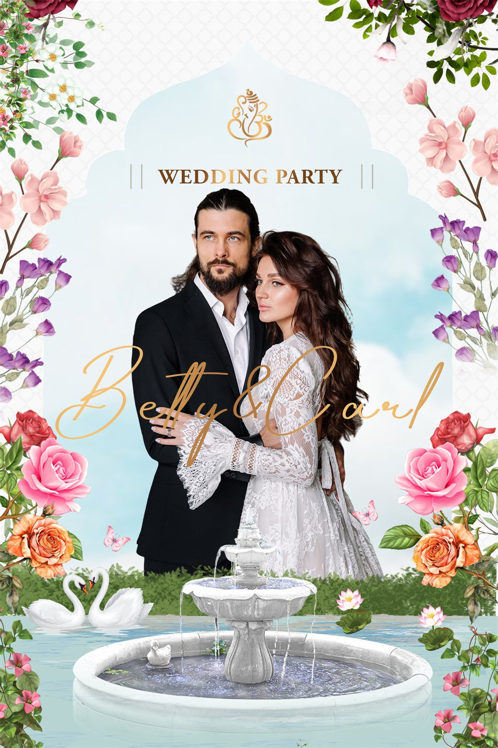 Wedding Floral Backdrop Garden Swan Fountain Personalized Backdrop BRP4-128