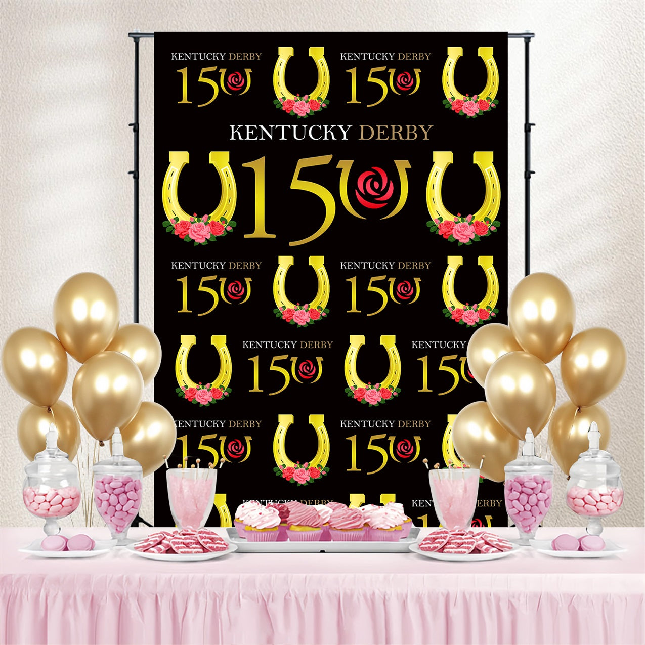 Kentucky Derby Photo Backdrop Horseshoe 150 Roses Repeat Custom Backdrop BRP4-40