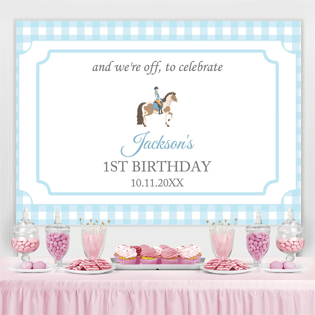 Kentucky Derby Party Photo Backdrop 1st Birthday Blue Gingham Custom Backdrop BRP4-55