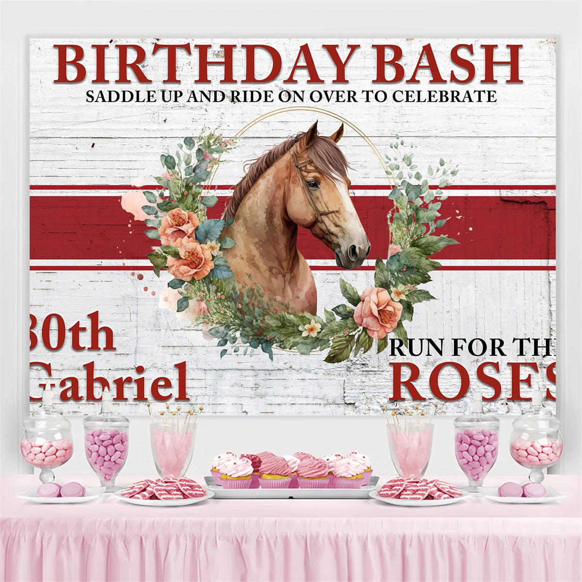 Kentucky Derby Photo Backdrops Floral Horsehead 80th Personalized Backdrop BRP4-56