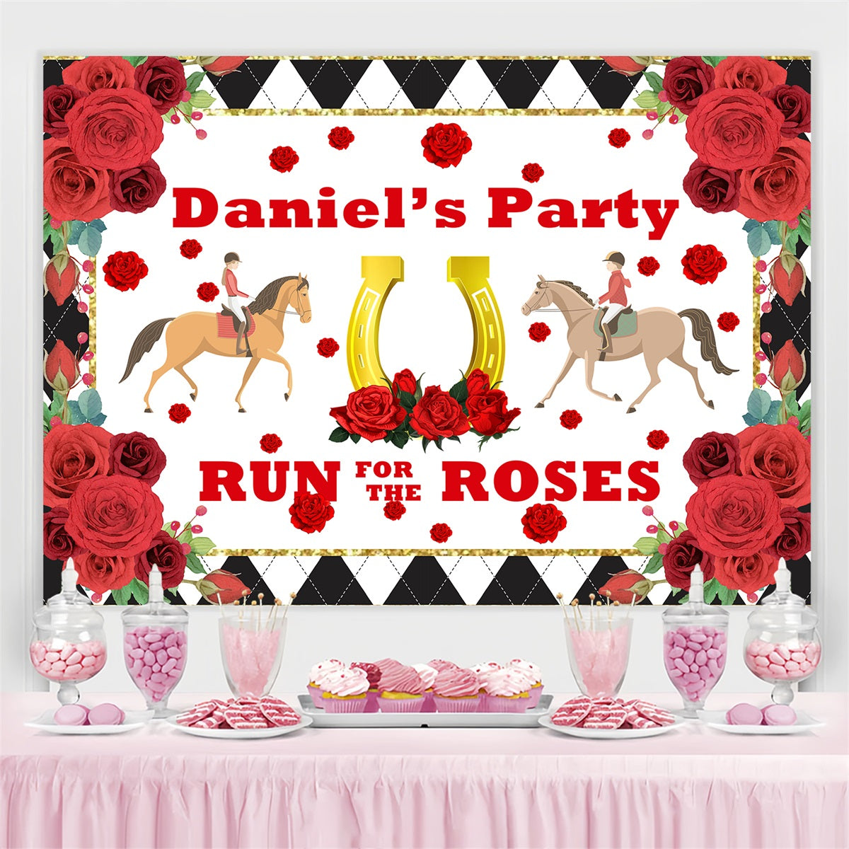 Kentucky Derby Backdrop Rose Horse Rider Party Personalised Backdrop BRP4-58