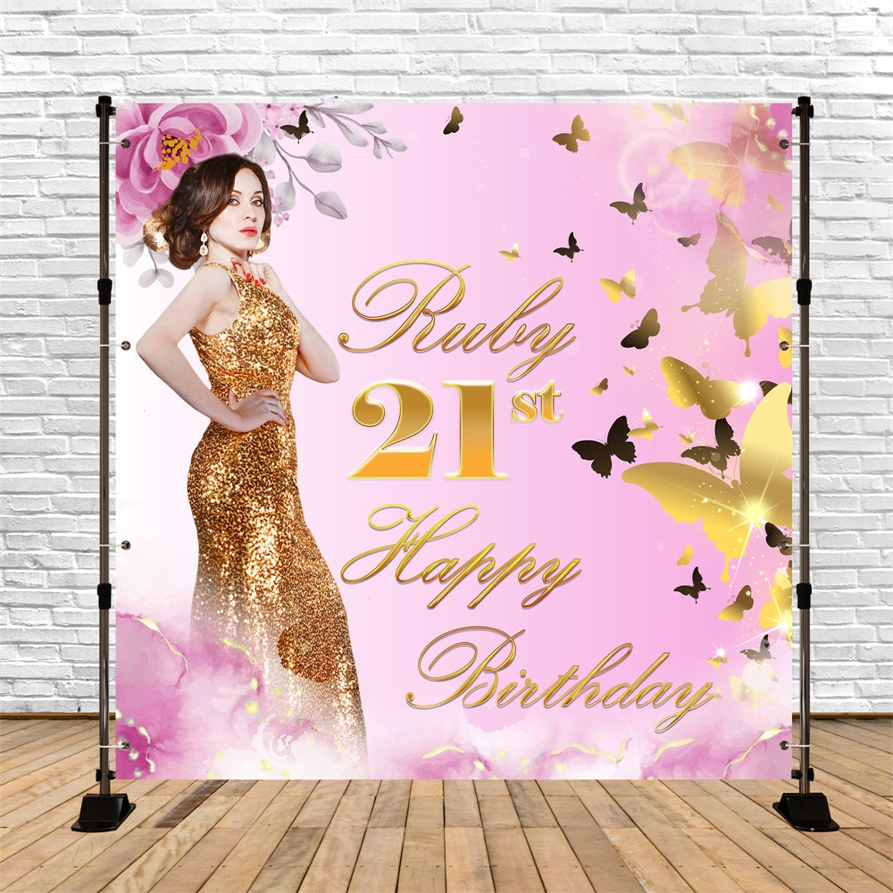 Personalized Birthday Backdrops Golden Butterfly Floral Backdrop BRP5-91
