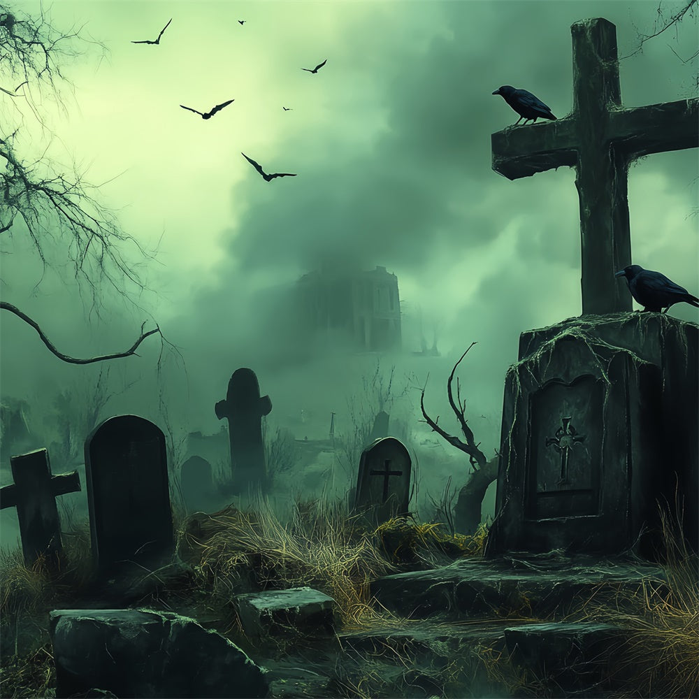 Halloween Graveyard Backdrop Wasteland Tomb Fog Backdrop BRP57-105