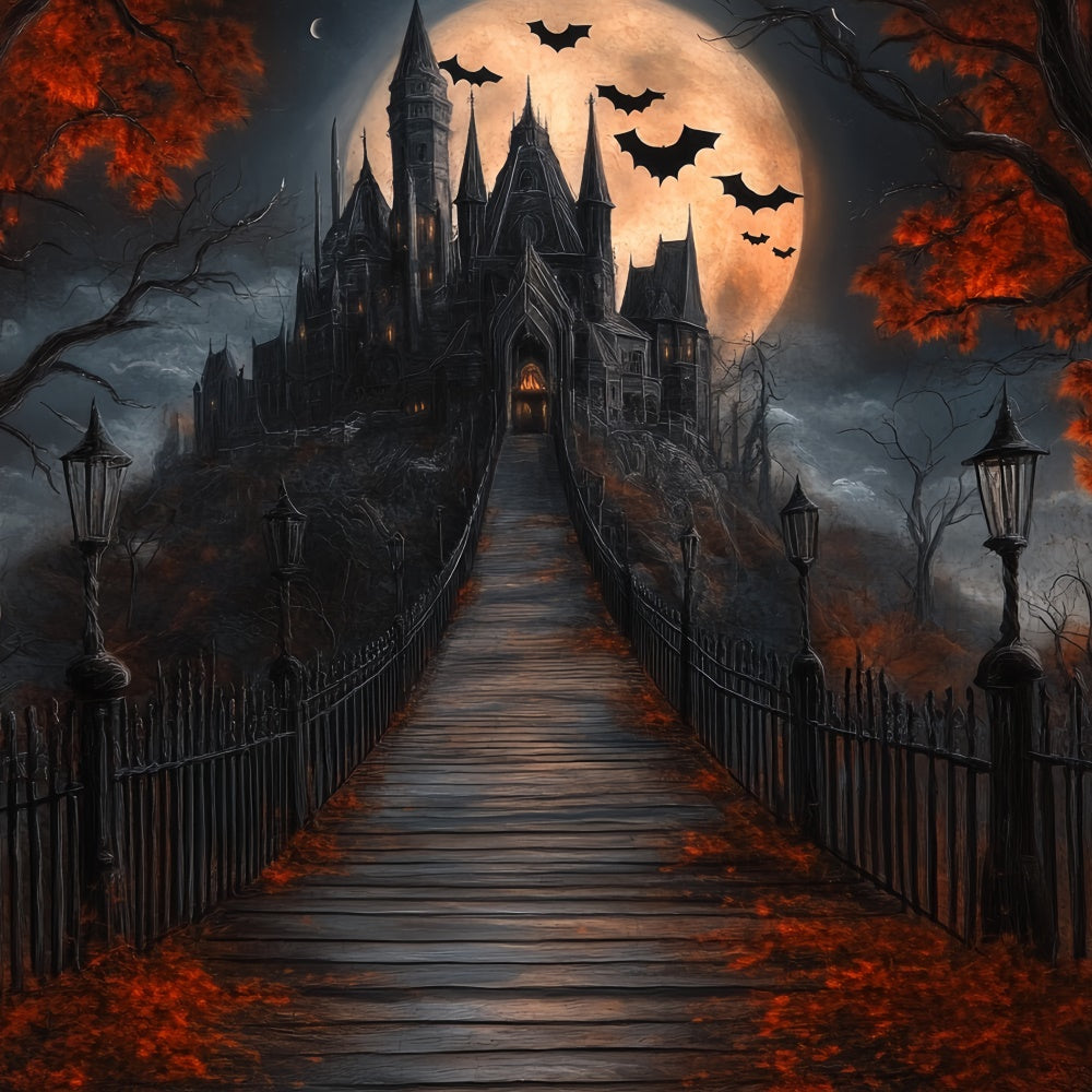 Halloween Moon Backdrop Moonlit Path Haunted Castle Backdrop BRP57-106