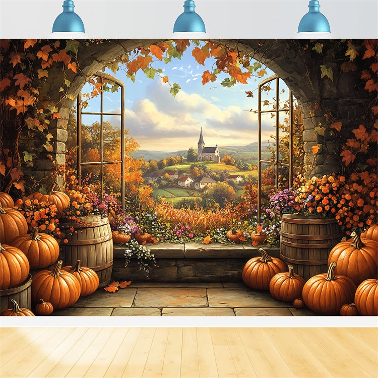Fall Backdrops Pumpkin Barrel Village View Backdrop BRP57-175