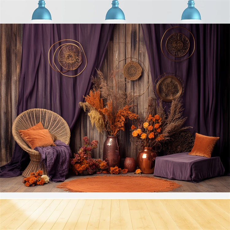 Fall Backdrop Dried Floral Purple Curtain Backdrop BRP57-187