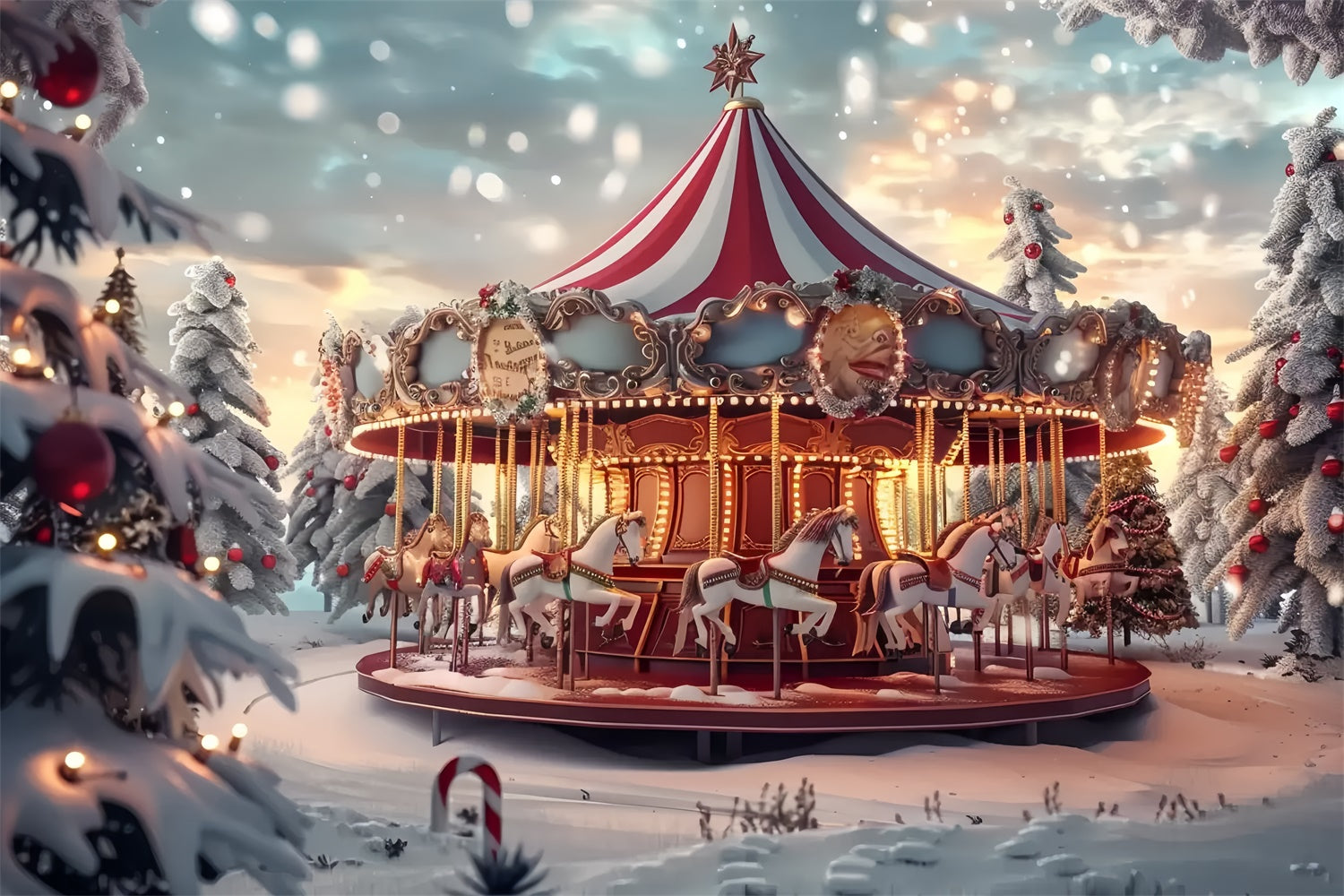 Christmas Carousel Amid Snowy Pines Backdrop BRP8-68
