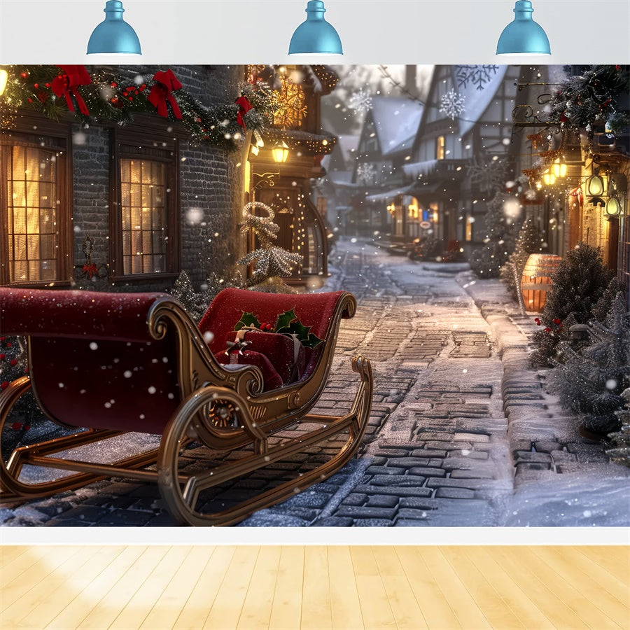 Snowy Night Christmas Sleigh Village Backdrop BRP8-71