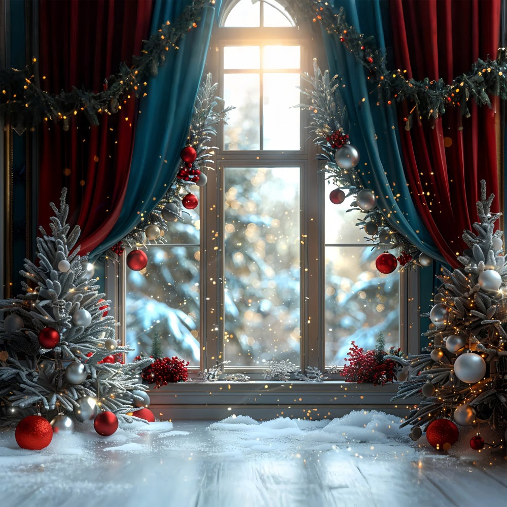 Snowy Christmas Window Glittering Ornaments Backdrop BRP9-107