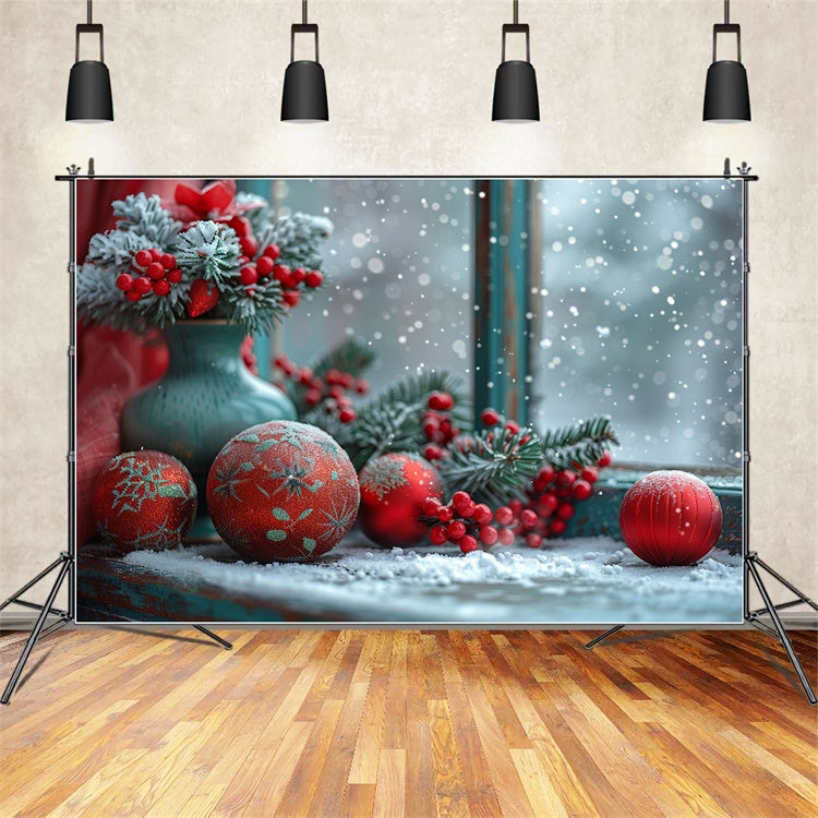 Snowy Window Red Berries and Ornaments Backdrop BRP9-114