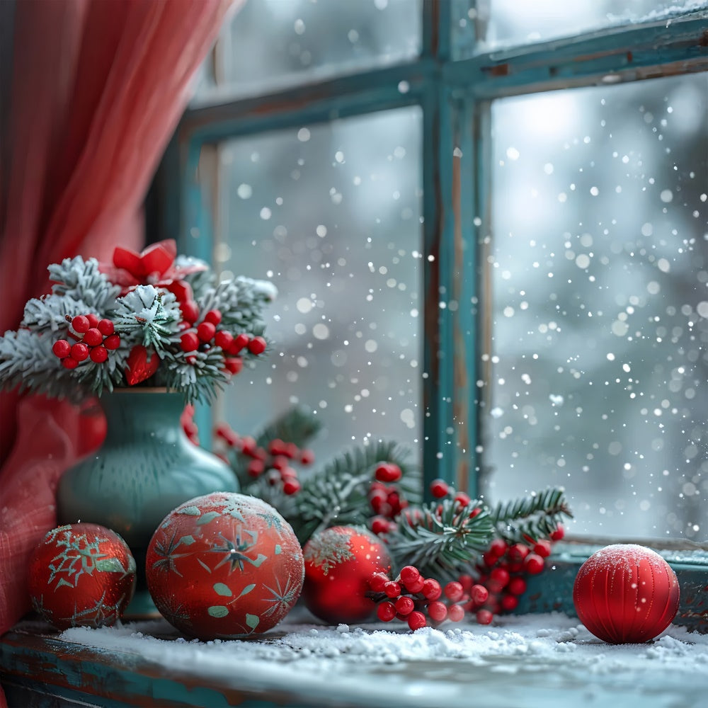 Snowy Window Red Berries and Ornaments Backdrop BRP9-114