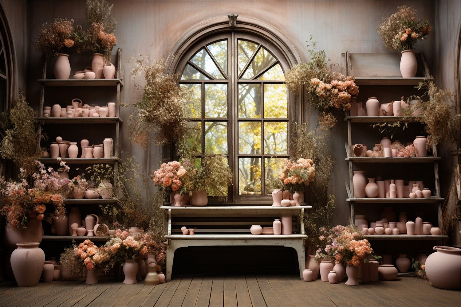 Fall Pink Pottery Floral Window Display Backdrop BRP9-194