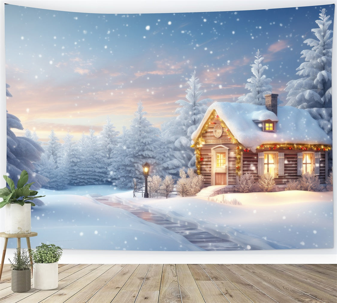 Warm Glowing Cabin Amid Snowy Pines Backdrop BRP9-274