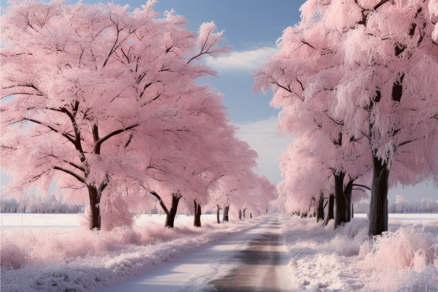Road Through Frosted Pink Winter Landscape Backdrop BRP9-278