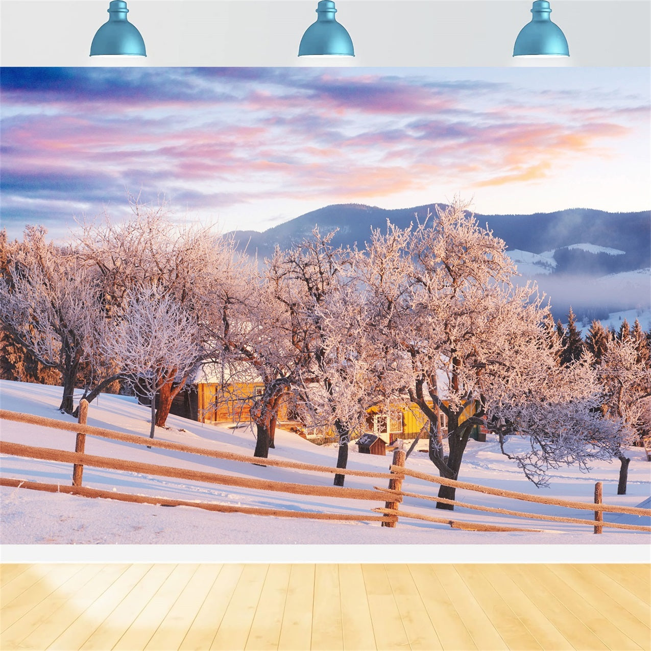 Pink Sky Winter Trees Farmhouse Photography Backdrop BRP9-282