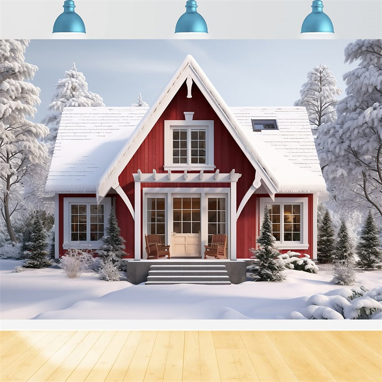 Winter Retreat Snowy Forest Red Cabin Backdrop BRP9-290