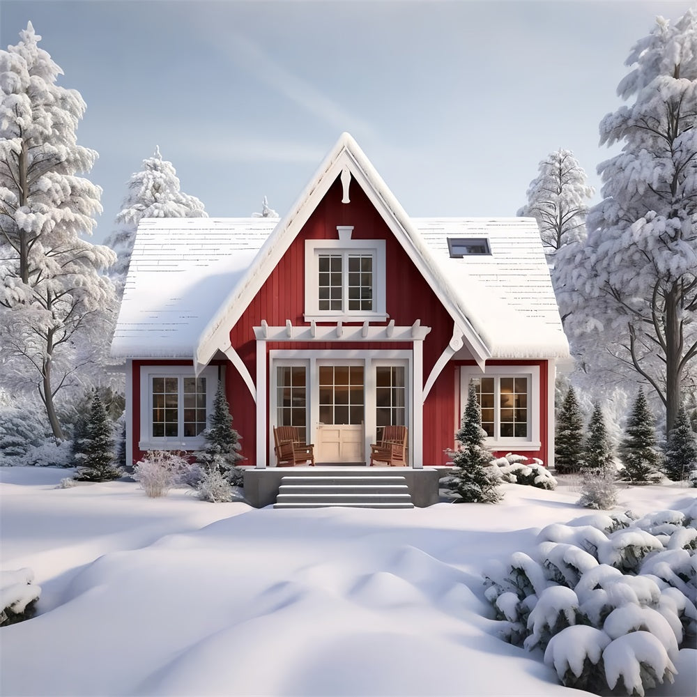 Winter Retreat Snowy Forest Red Cabin Backdrop BRP9-290