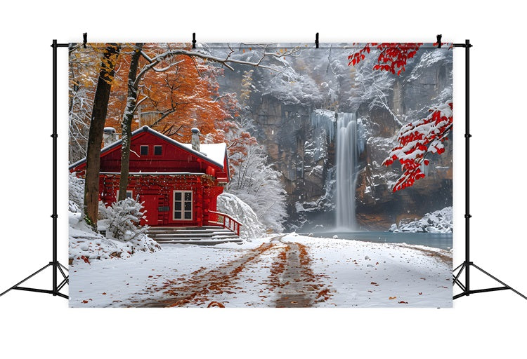 Winter Snowy Red Cabin Flowing Waterfall Backdrop BRP9-292