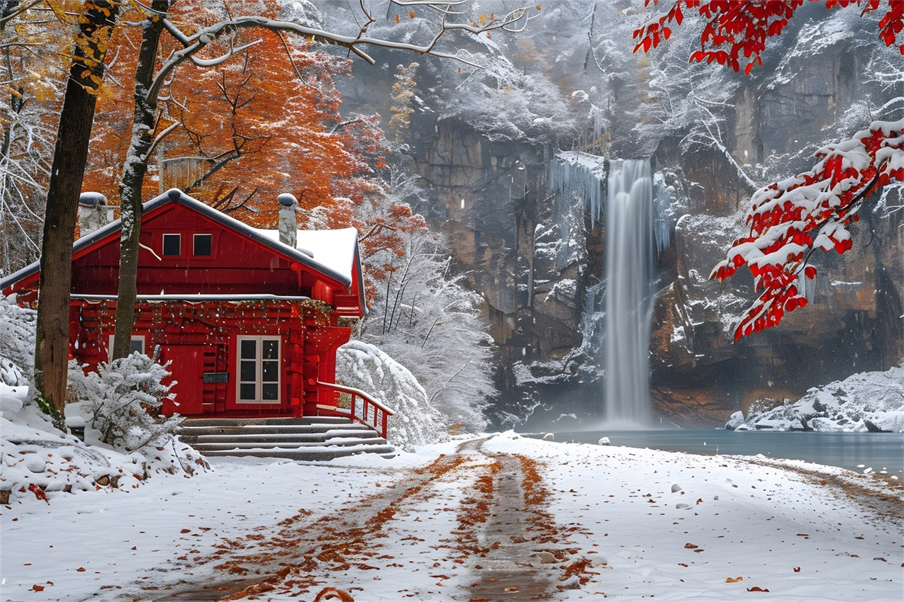 Winter Snowy Red Cabin Flowing Waterfall Backdrop BRP9-292
