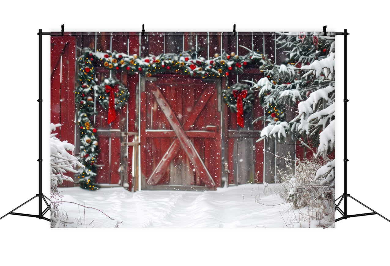 Red Wooden Barn Snowfall Trees Winter Backdrop BRP9-293