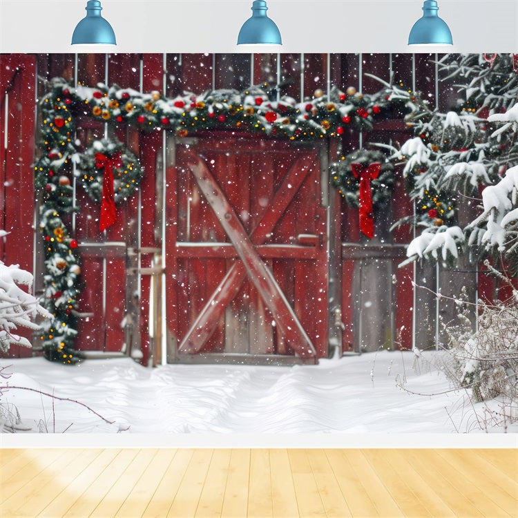 Red Wooden Barn Snowfall Trees Winter Backdrop BRP9-293