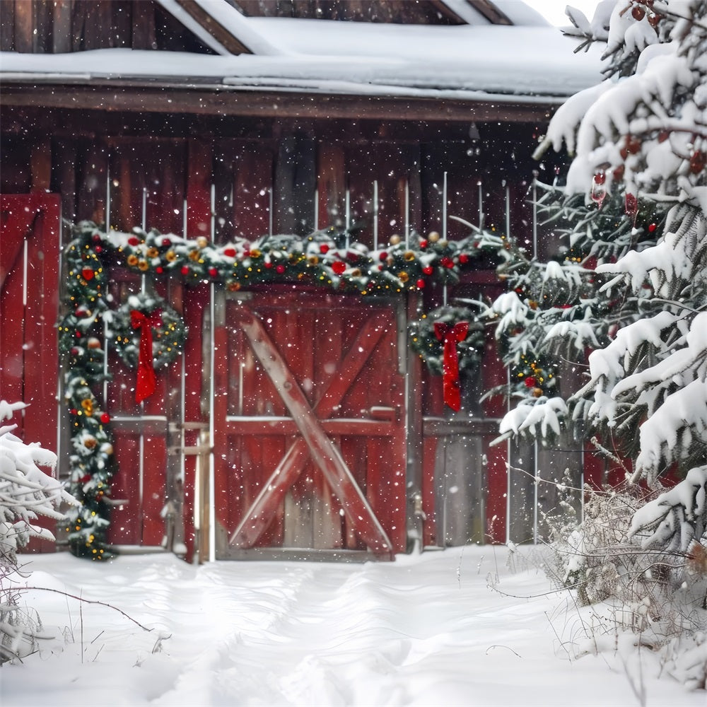 Red Wooden Barn Snowfall Trees Winter Backdrop BRP9-293