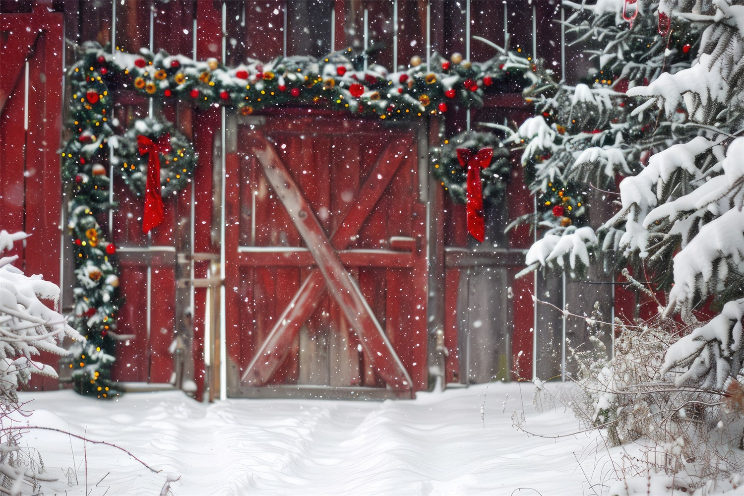 Red Wooden Barn Snowfall Trees Winter Backdrop BRP9-293