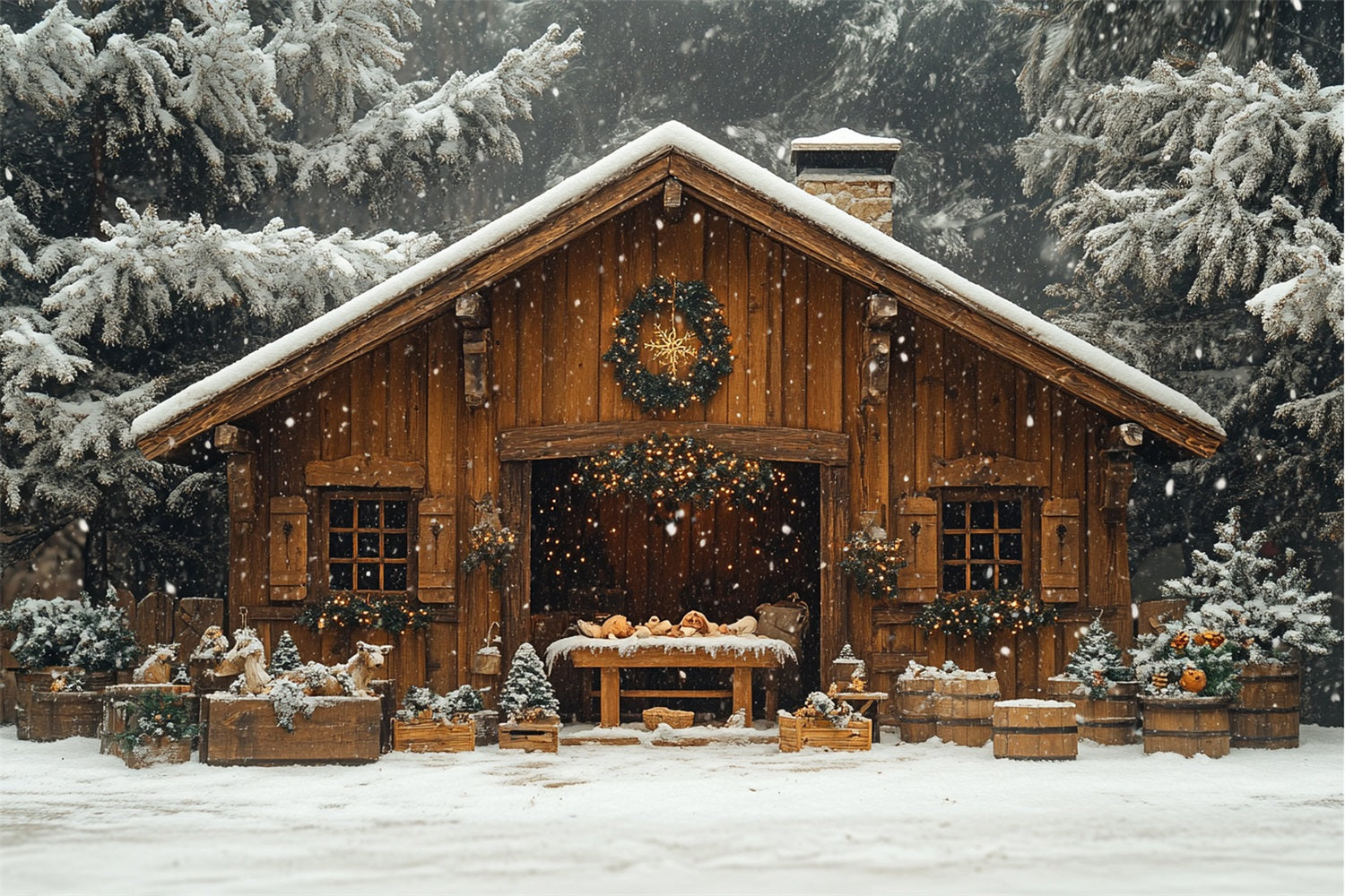 Winter Snow Covered Forest Cozy Cabin Backdrop BRP9-302