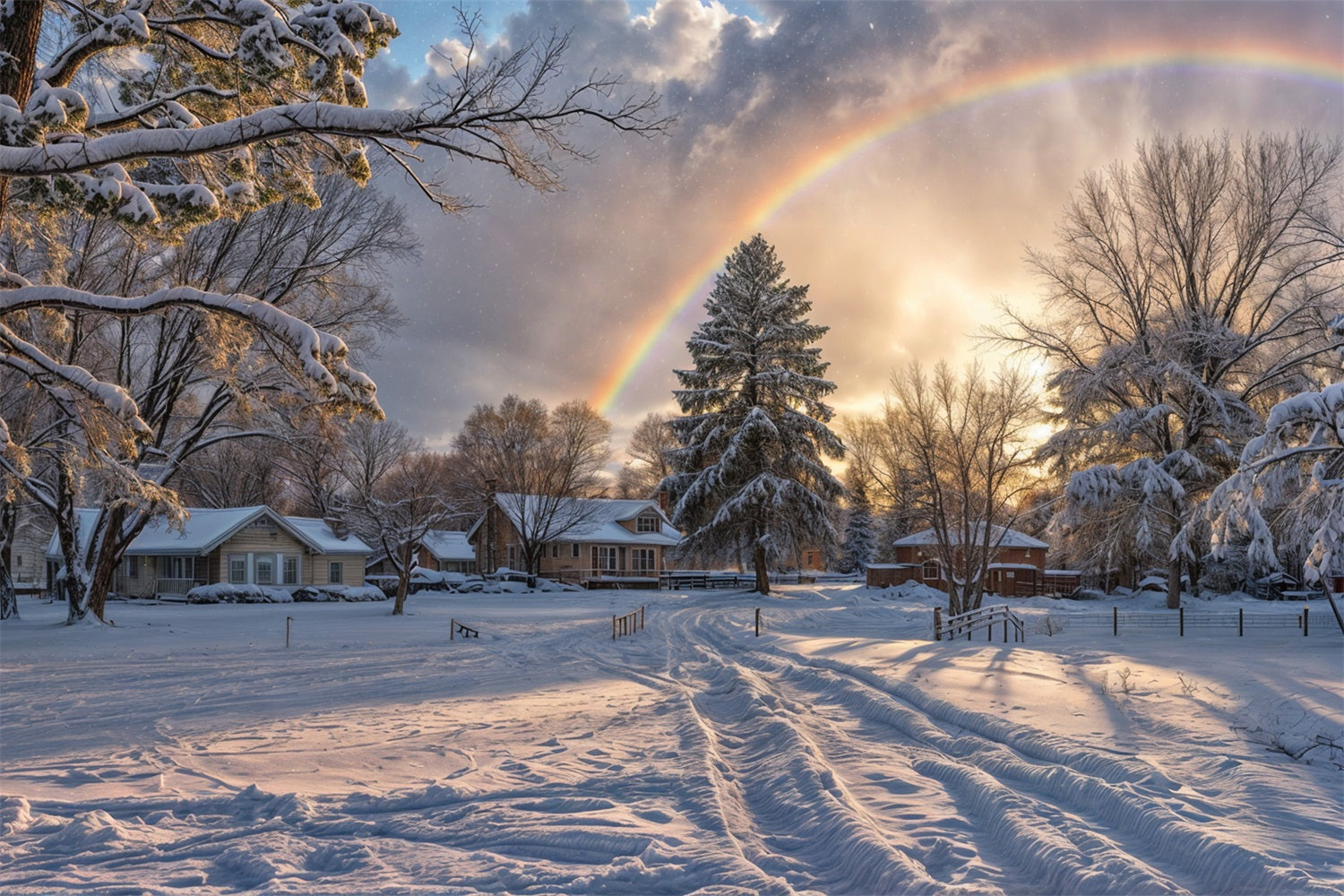 Snowy Horizon Rainbow Over Frosty Trees Backdrop BRP9-327