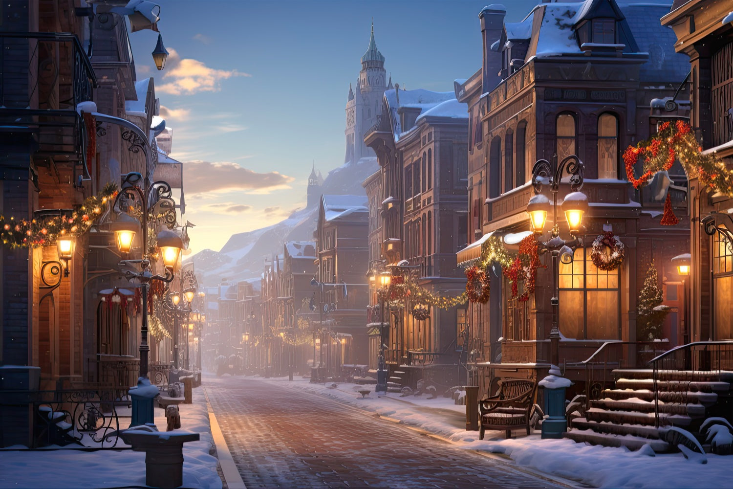 Quiet Street Soft Lighting Winter Street Backdrop BRP9-339