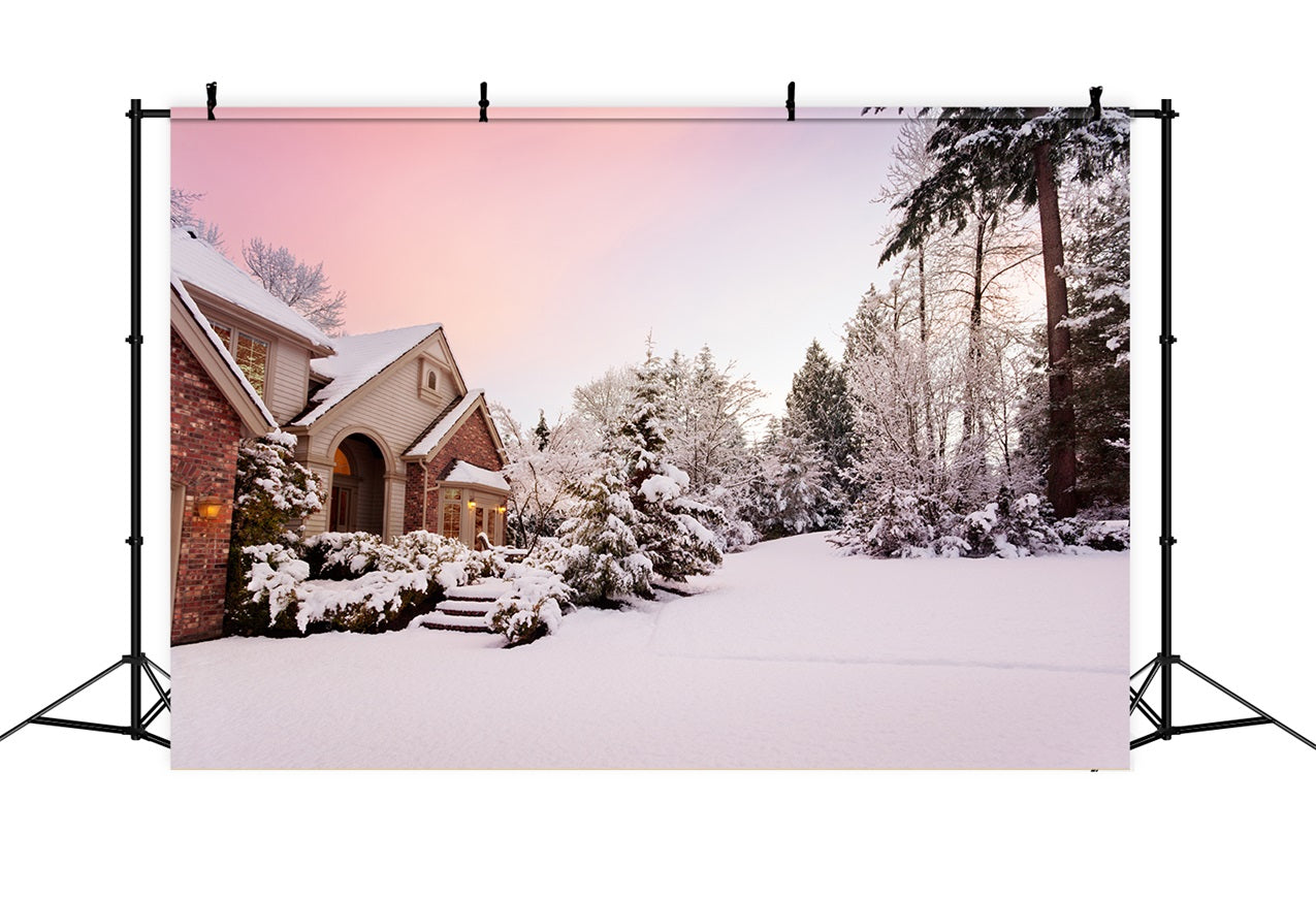 Winter Snowy Country House Pink Sunset Backdrop BRP9-363