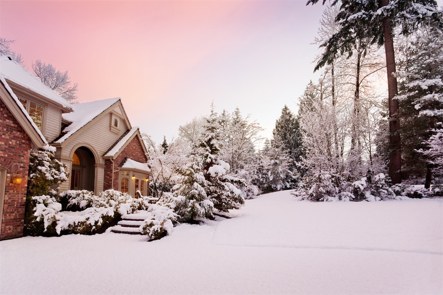 Winter Snowy Country House Pink Sunset Backdrop BRP9-363