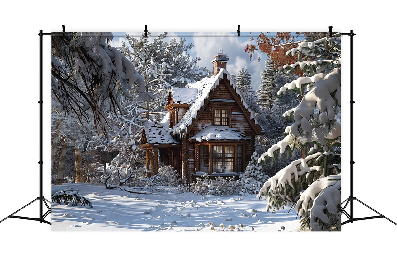 Winter Fairy Tale Cabin Amid Frosty Pines Backdrop BRP9-367