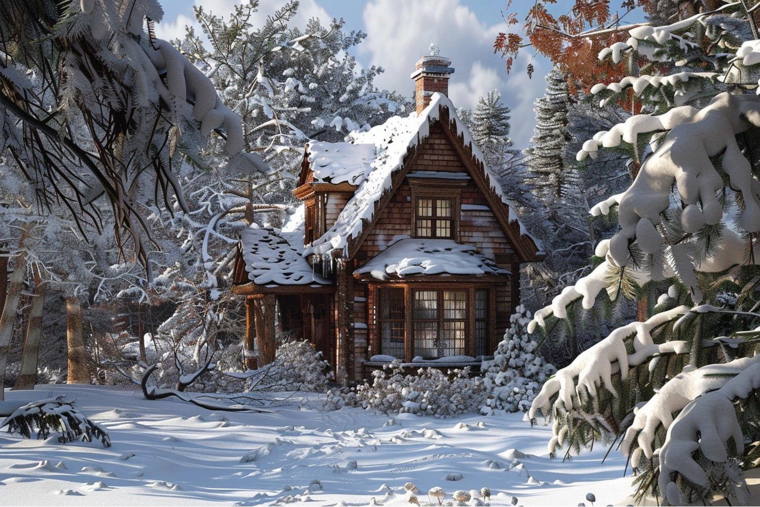Winter Fairy Tale Cabin Amid Frosty Pines Backdrop BRP9-367
