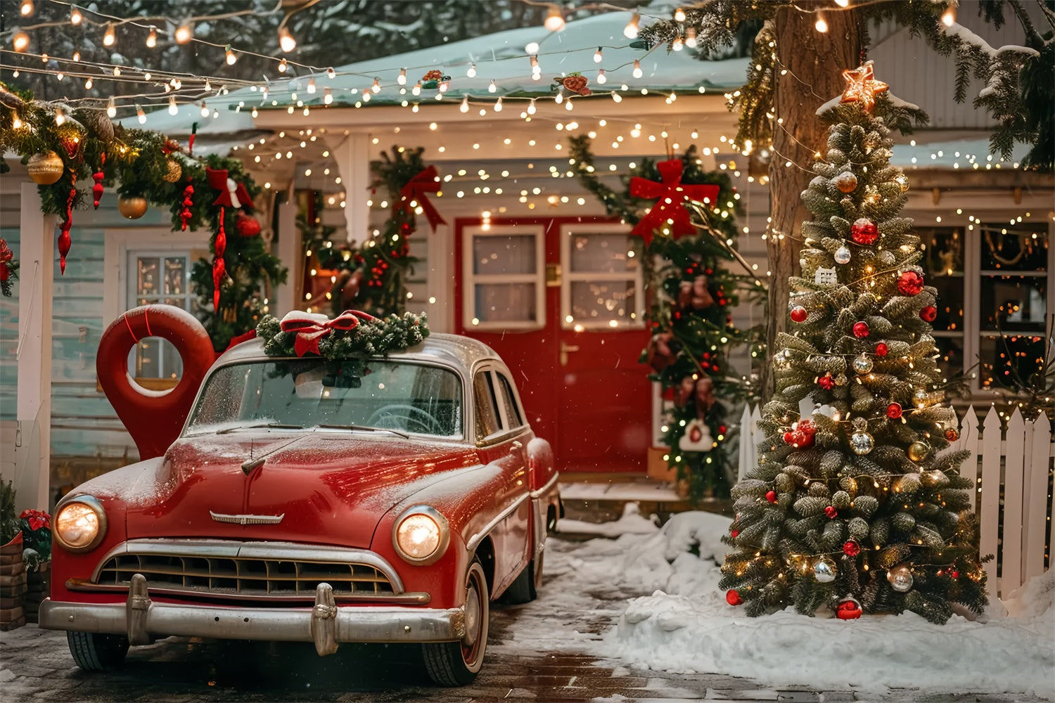 Christmas House with Red Vintage Car Backdrop BRP9-43