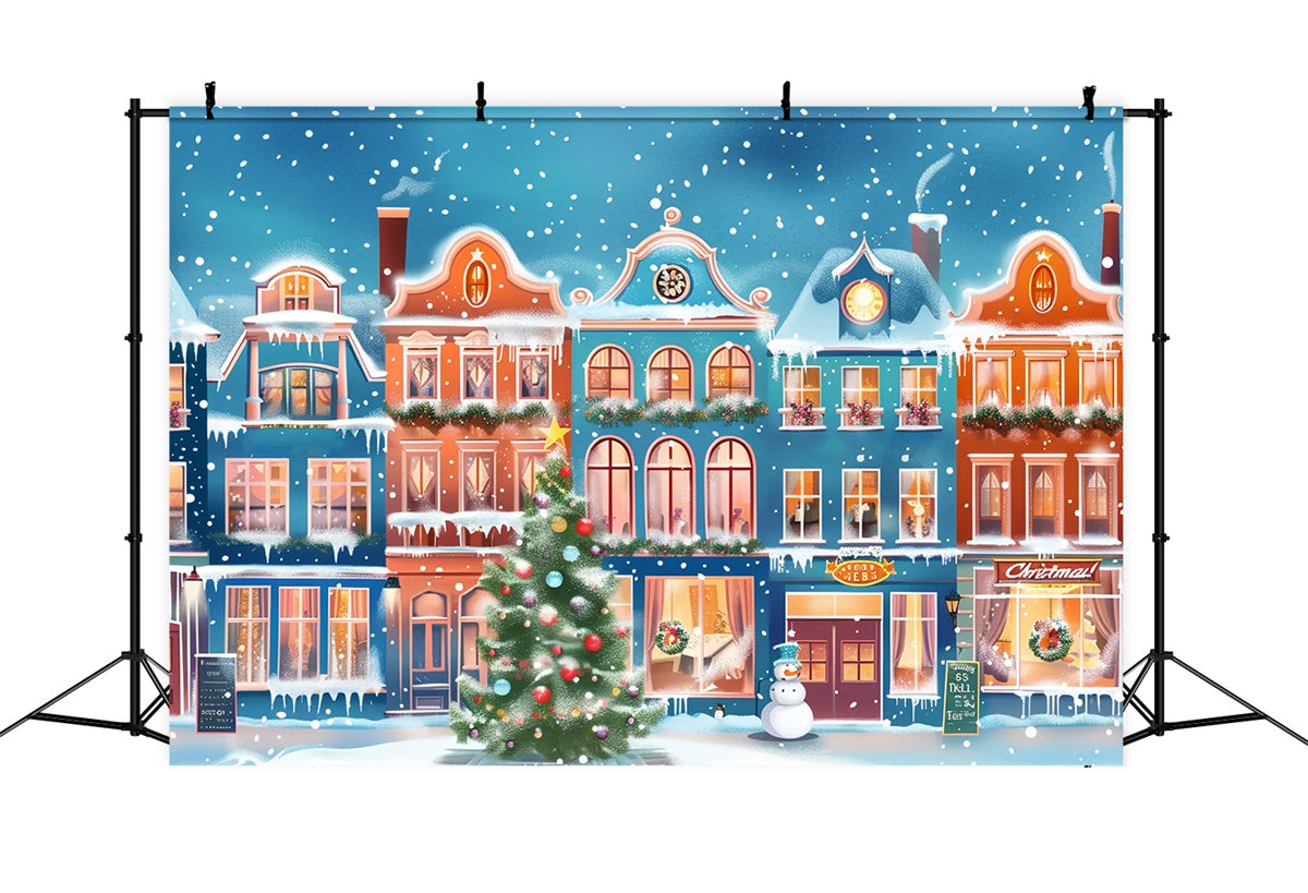Snowy Christmas Town with Colorful Lights Backdrop BRP9-48