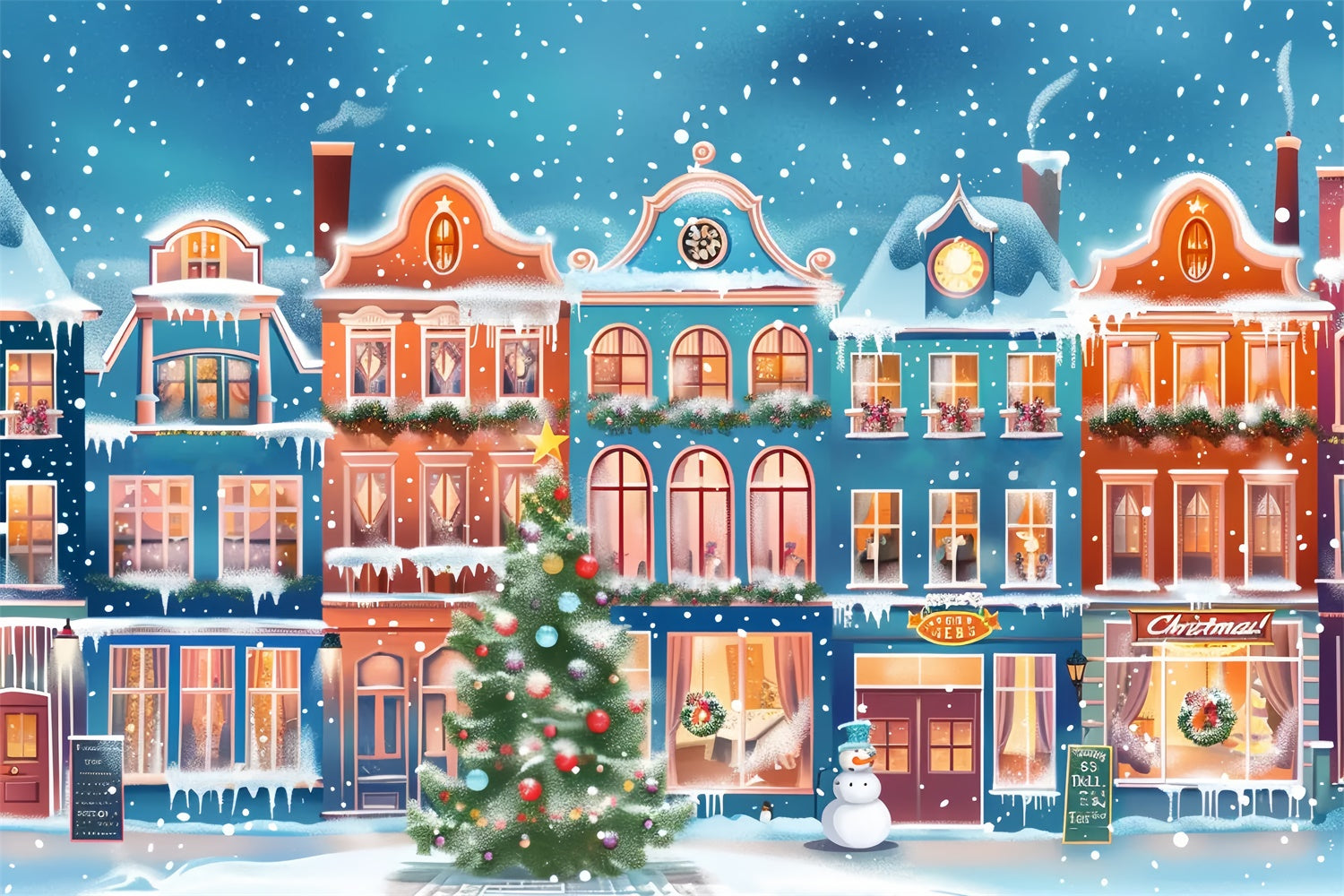 Snowy Christmas Town with Colorful Lights Backdrop BRP9-48